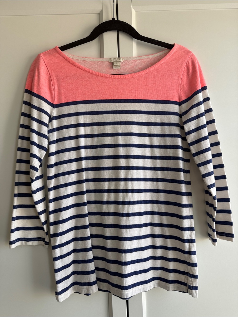 J. Crew Coral Yoke Navy and White Striped Long Sleeve Top